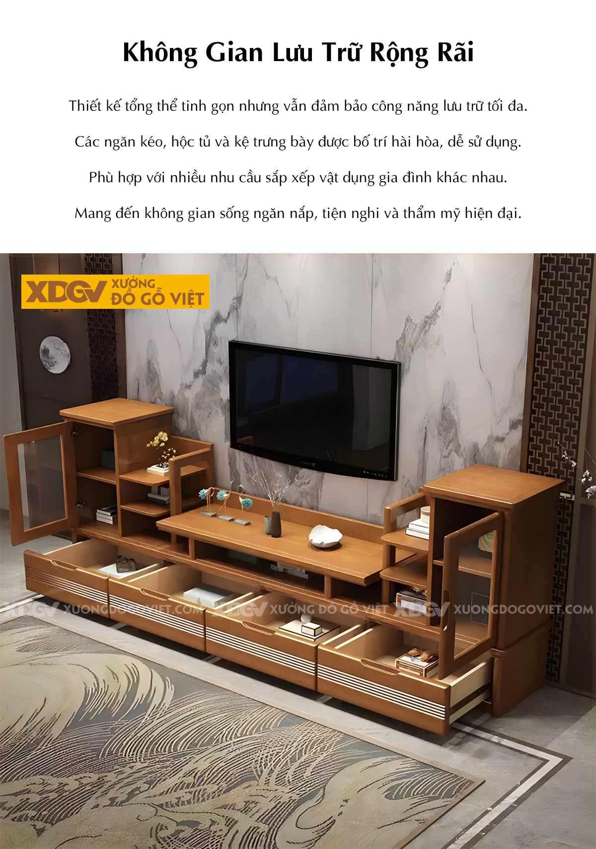 Kệ Tivi Gỗ Sồi Nhiều Ngăn Kéo Kết Hợp Tủ Cánh Kính 2 Buồng