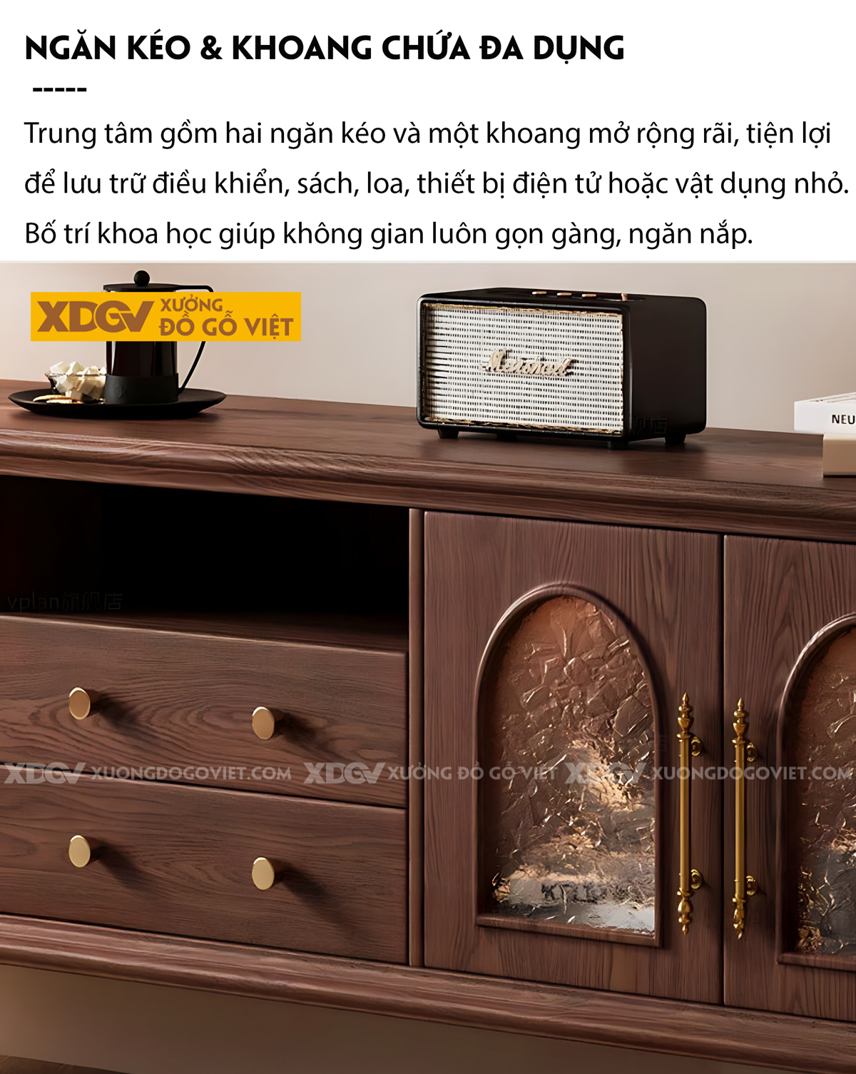 Kệ Tivi Gỗ Sồi Thiết Kế Kiểu Đông Dương Chân Cao Tiện Tròn