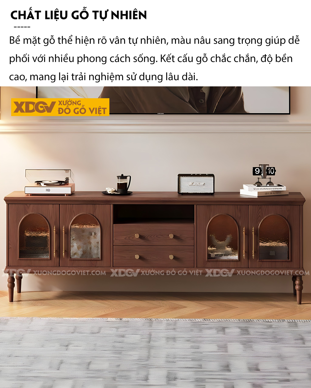 Kệ Tivi Gỗ Sồi Thiết Kế Kiểu Đông Dương Chân Cao Tiện Tròn