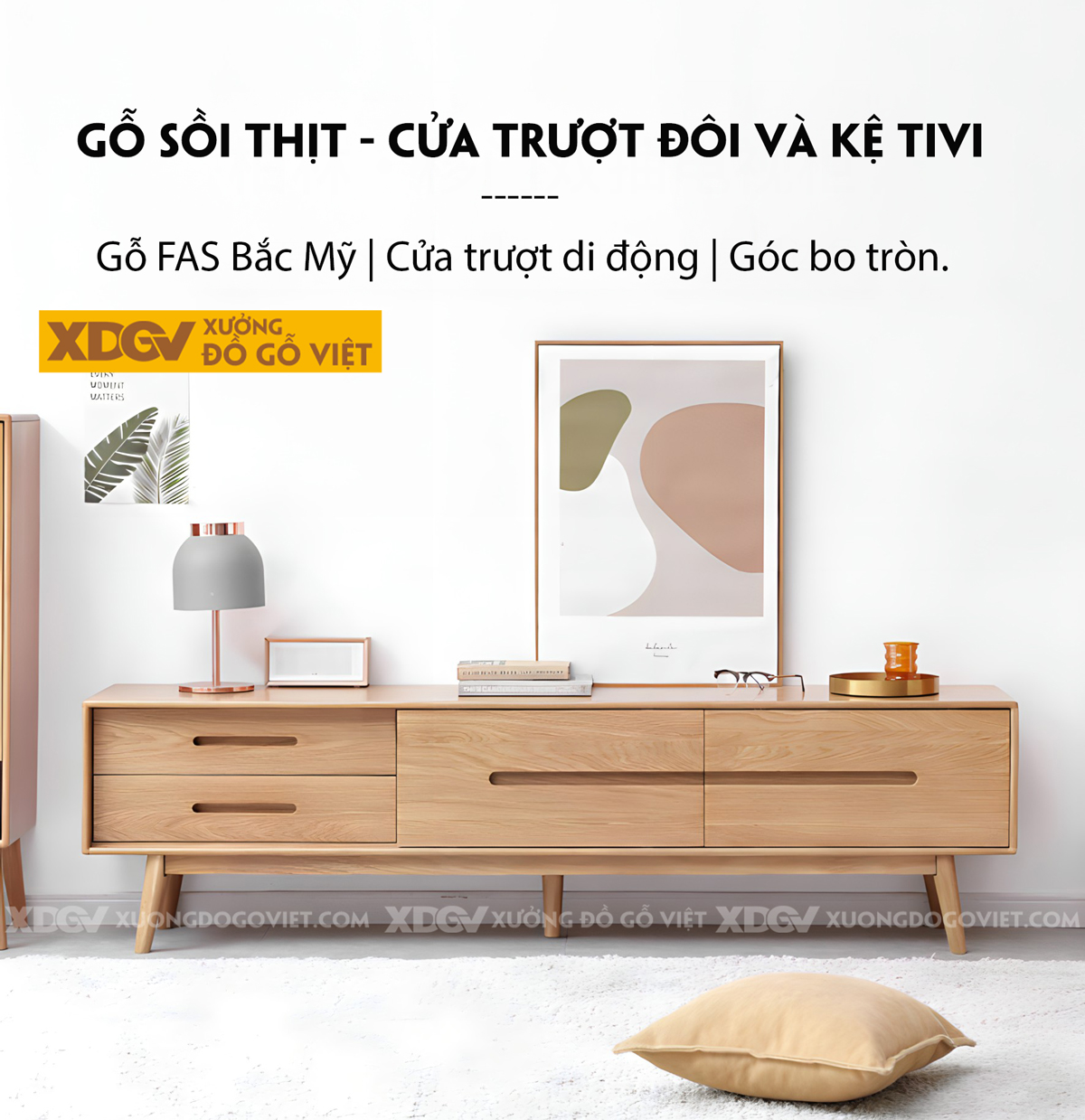 Kệ Tivi Gỗ Sồi Thịt Hiện Đại 3 Buồng Cánh Trượt Tay Âm Mới