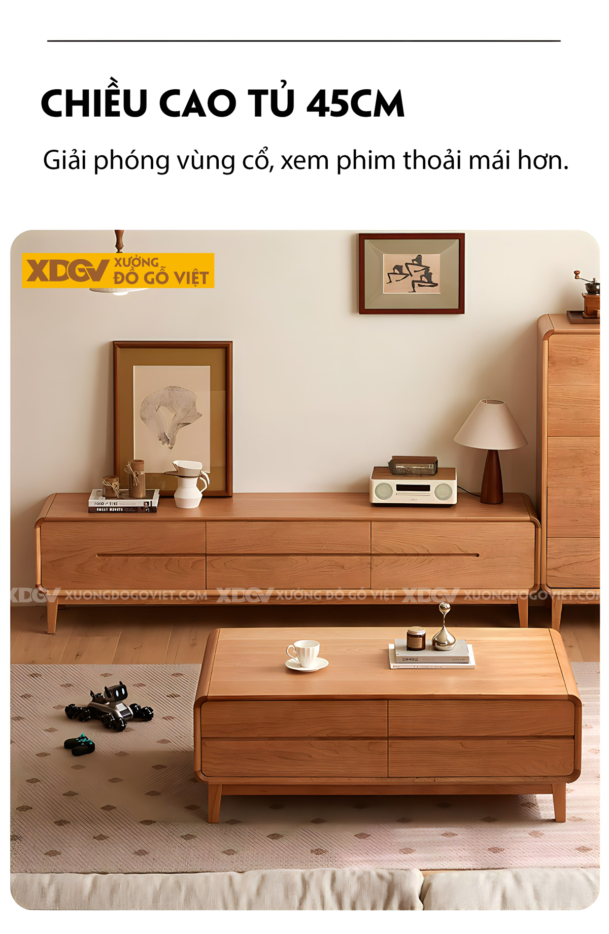 Kệ Tivi Gỗ Sồi Thịt Hiện Đại Bo Góc Ghép Mộng Liền Mạch