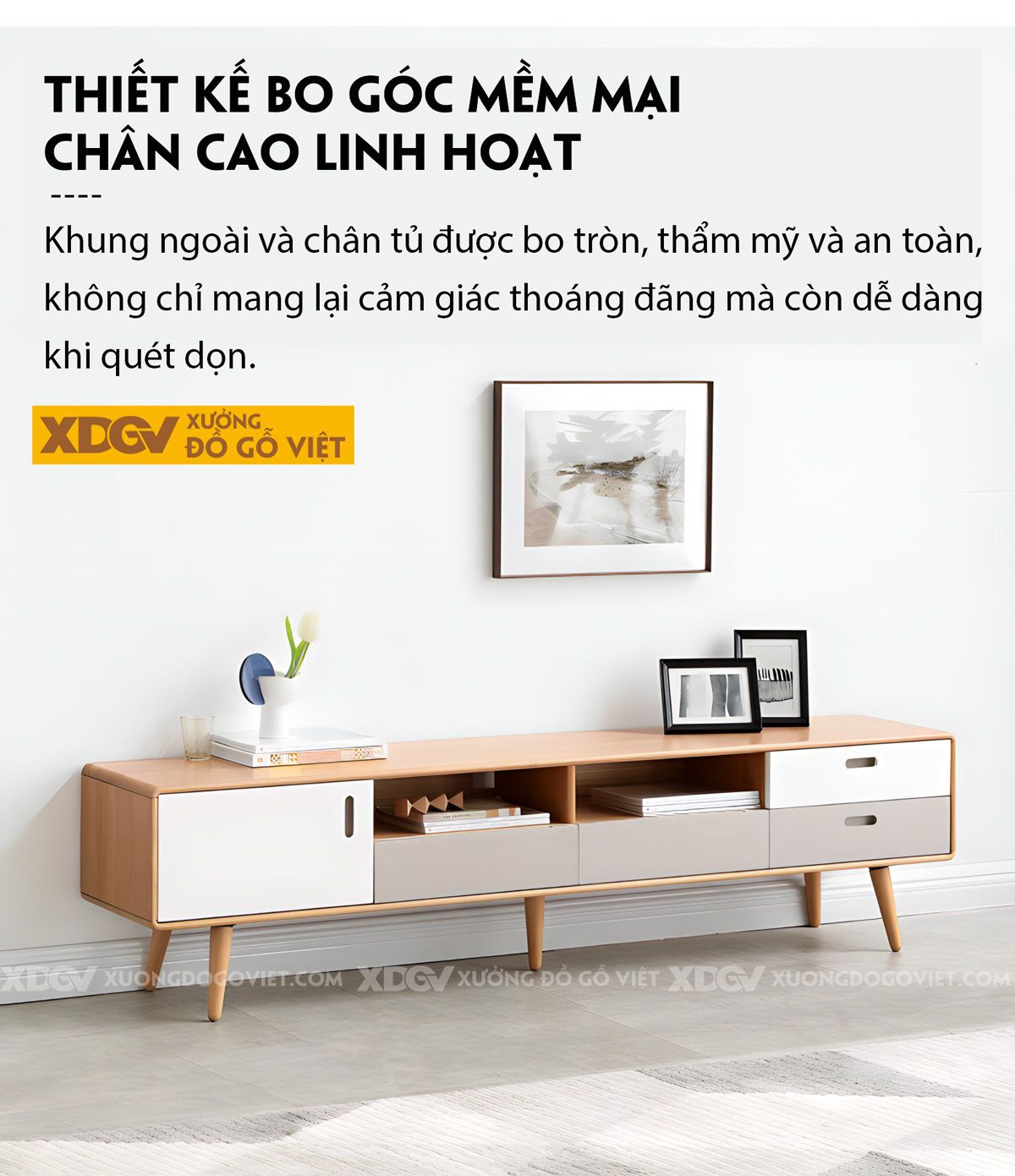 Kệ Tivi Gỗ Sồi Tự Nhiên Hiện Đại Chân Côn Cánh Sơn Bệt