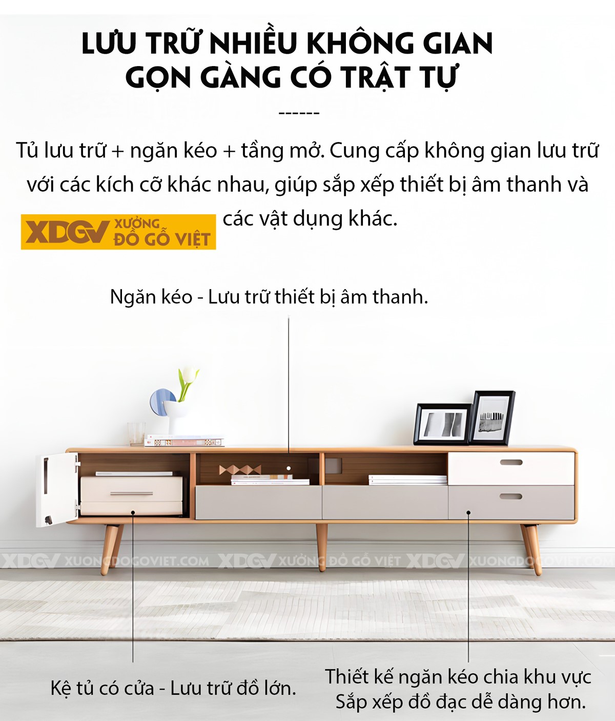 Kệ Tivi Gỗ Sồi Tự Nhiên Hiện Đại Chân Côn Cánh Sơn Bệt