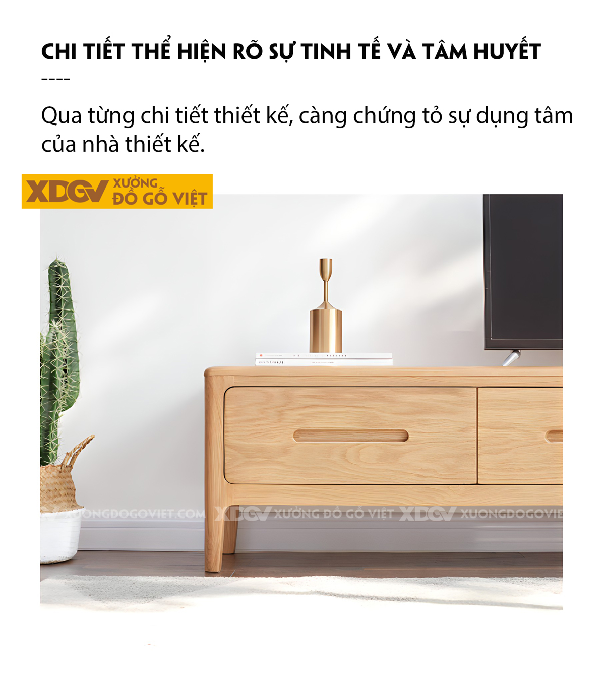 Kệ Tivi Gỗ Sồi Vân Tự Nhiên Tay Âm Khoét Giữa Liền Mạch