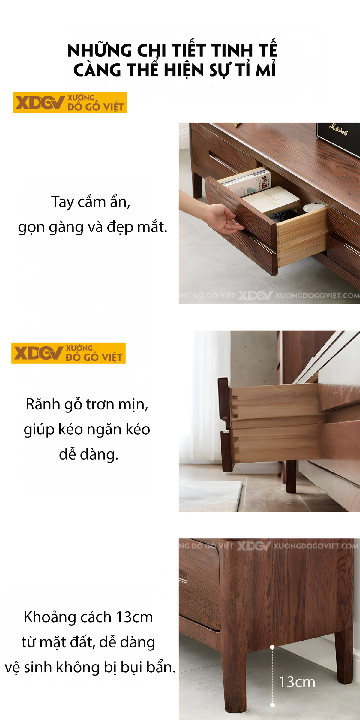 Kệ Tivi Gỗ Sồi Vân Tự Nhiên Tay Âm Khoét Giữa Liền Mạch