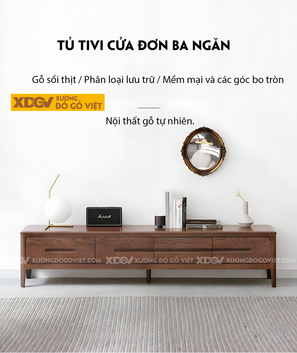 Kệ Tivi Gỗ Sồi Vân Tự Nhiên Tay Âm Khoét Giữa Liền Mạch