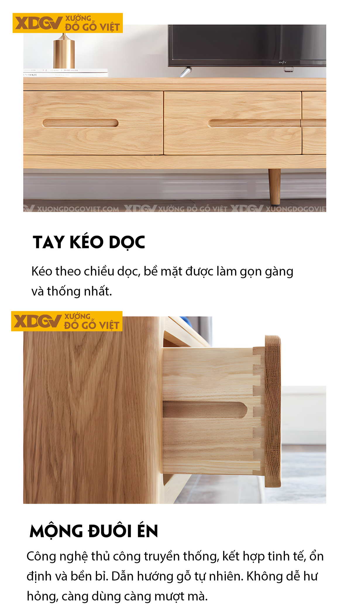 Kệ Tivi Gỗ Sồi Vân Tự Nhiên Tay Âm Khoét Giữa Liền Mạch