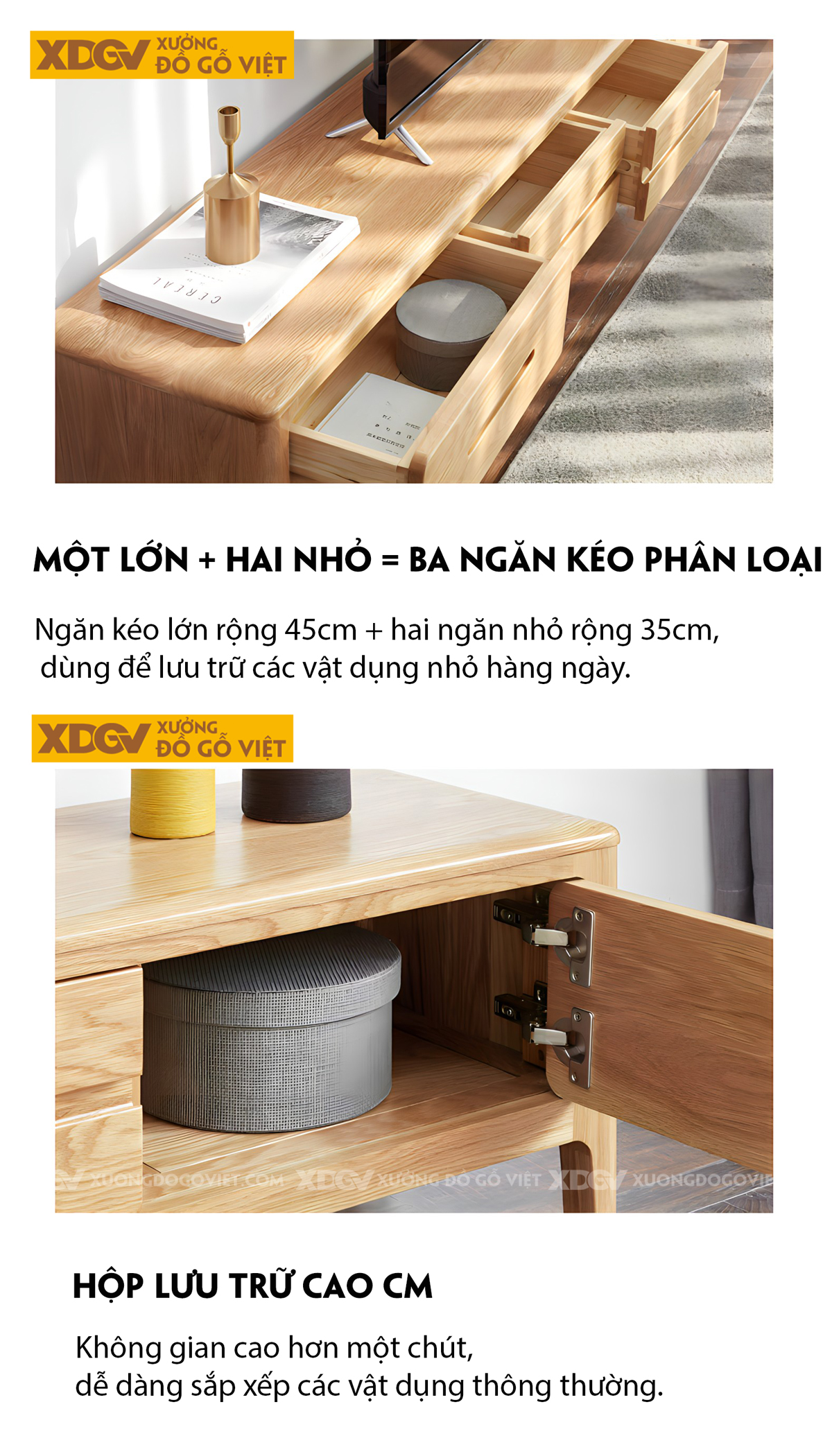 Kệ Tivi Gỗ Sồi Vân Tự Nhiên Tay Âm Khoét Giữa Liền Mạch