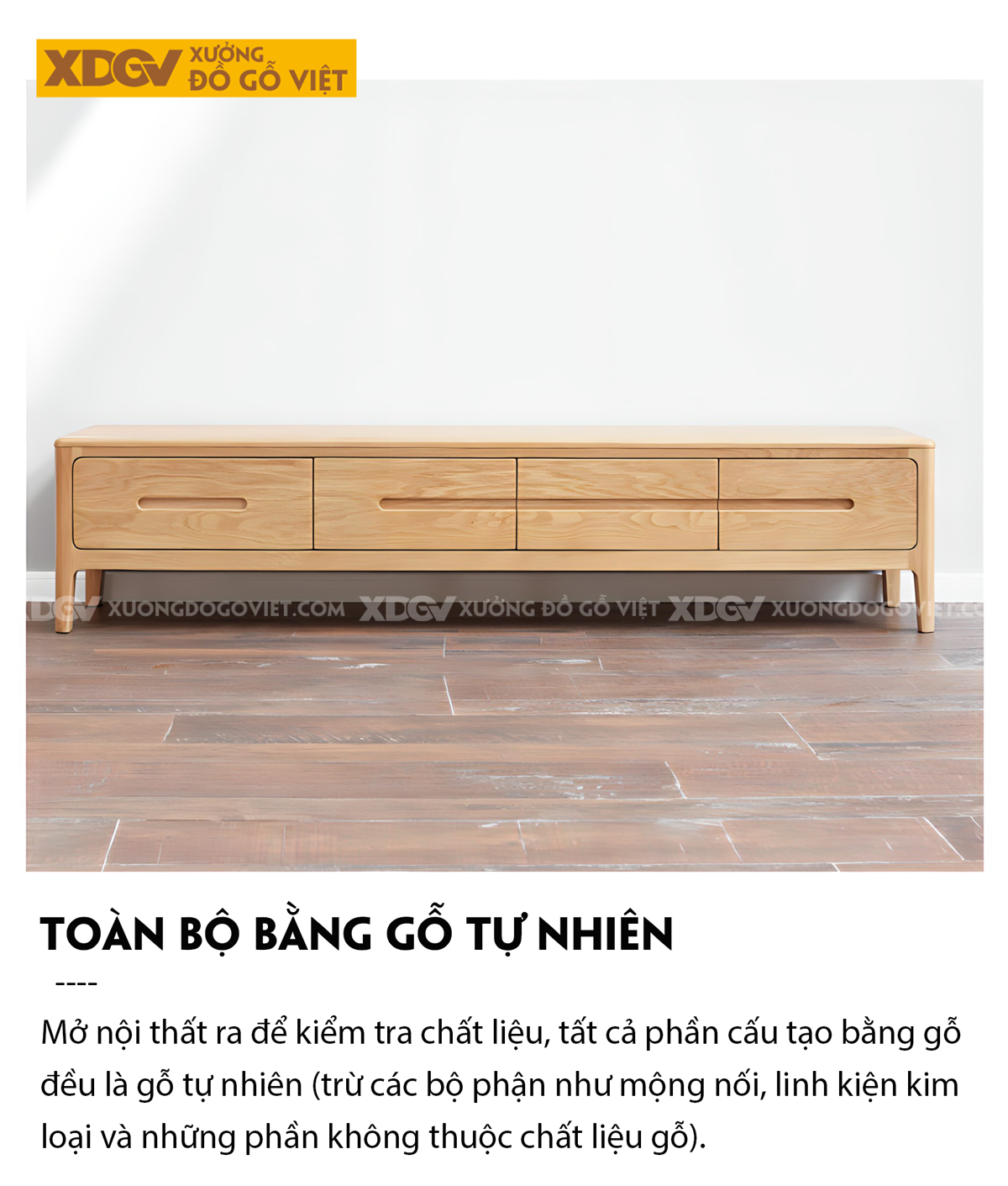 Kệ Tivi Gỗ Sồi Vân Tự Nhiên Tay Âm Khoét Giữa Liền Mạch