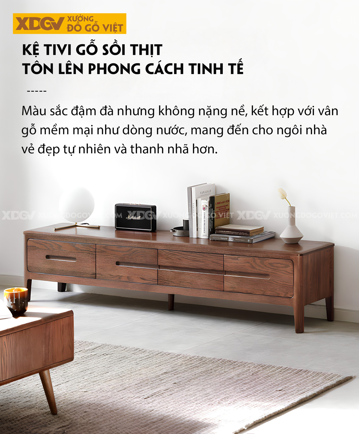 Kệ Tivi Gỗ Sồi Vân Tự Nhiên Tay Âm Khoét Giữa Liền Mạch