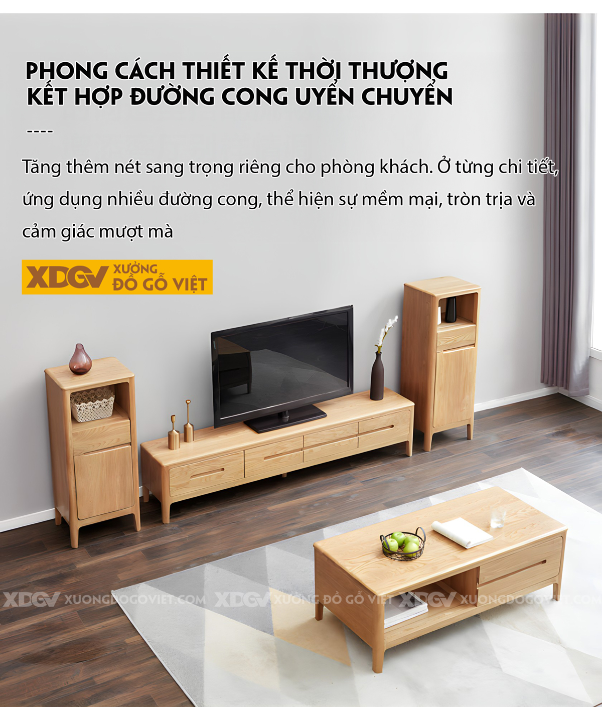 Kệ Tivi Gỗ Sồi Vân Tự Nhiên Tay Âm Khoét Giữa Liền Mạch