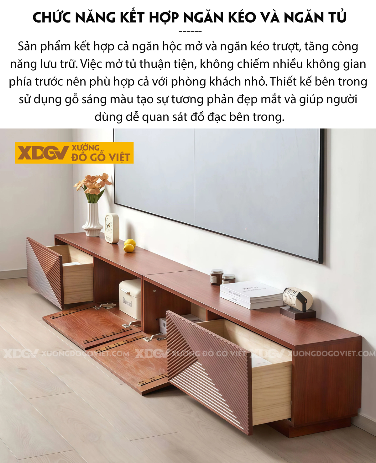 Kệ Tivi Gỗ Xoan Đào Thiết Kế Họa Tiết Hình Học hiện đại