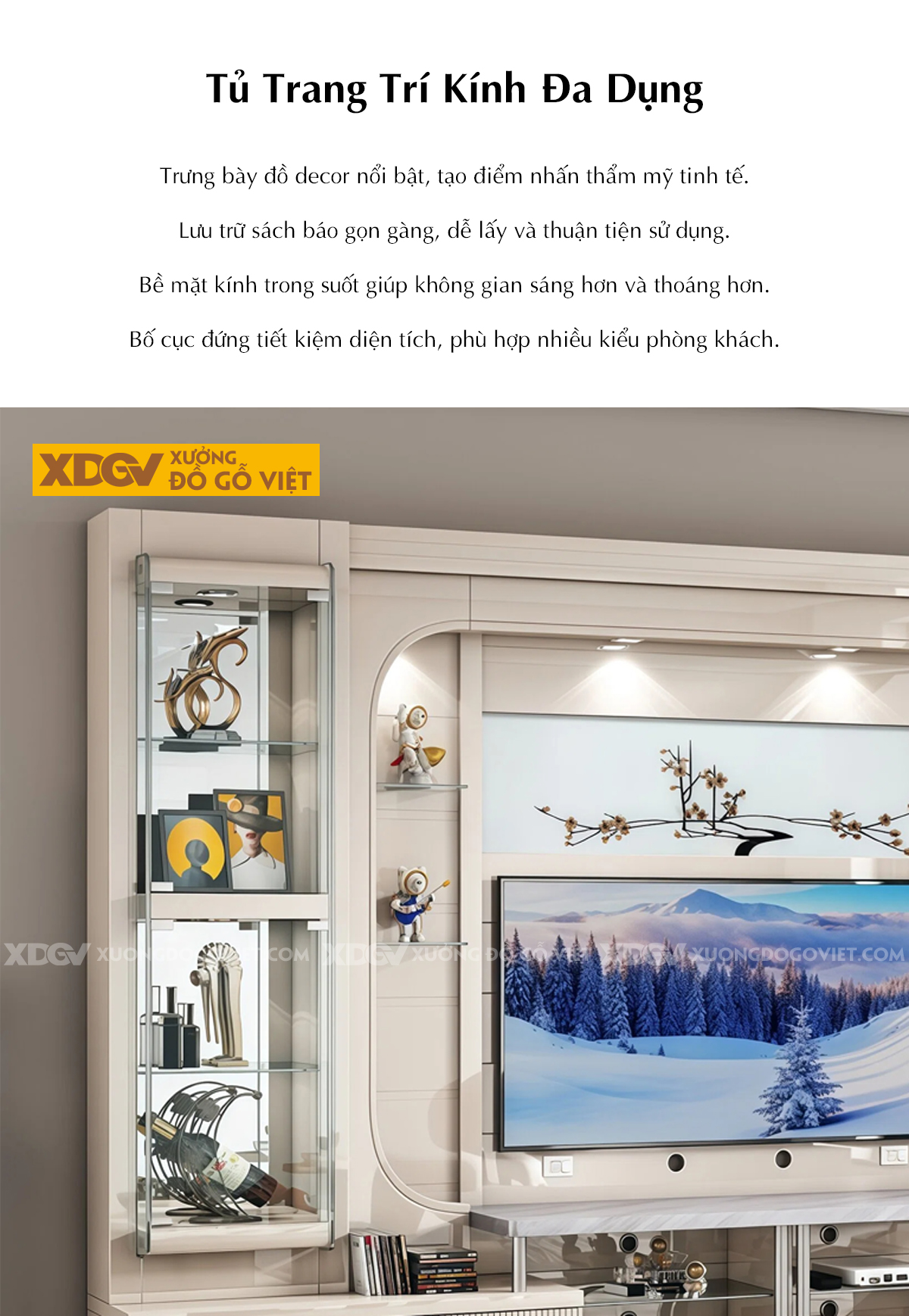 Kệ Tivi Kèm Tủ Gỗ MDF Tân Cổ Điển Tích Hợp Tủ Kính Trưng Bày