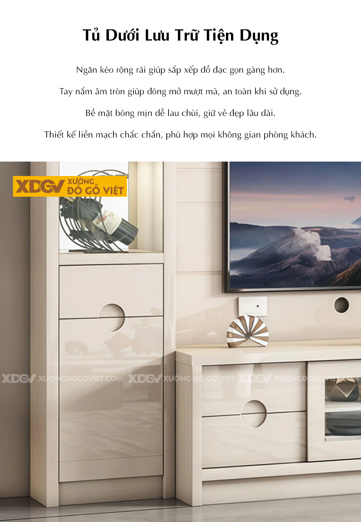 Kệ Tivi Kèm Tủ Gỗ MDF Tân Cổ Điển Tích Hợp Tủ Kính Trưng Bày