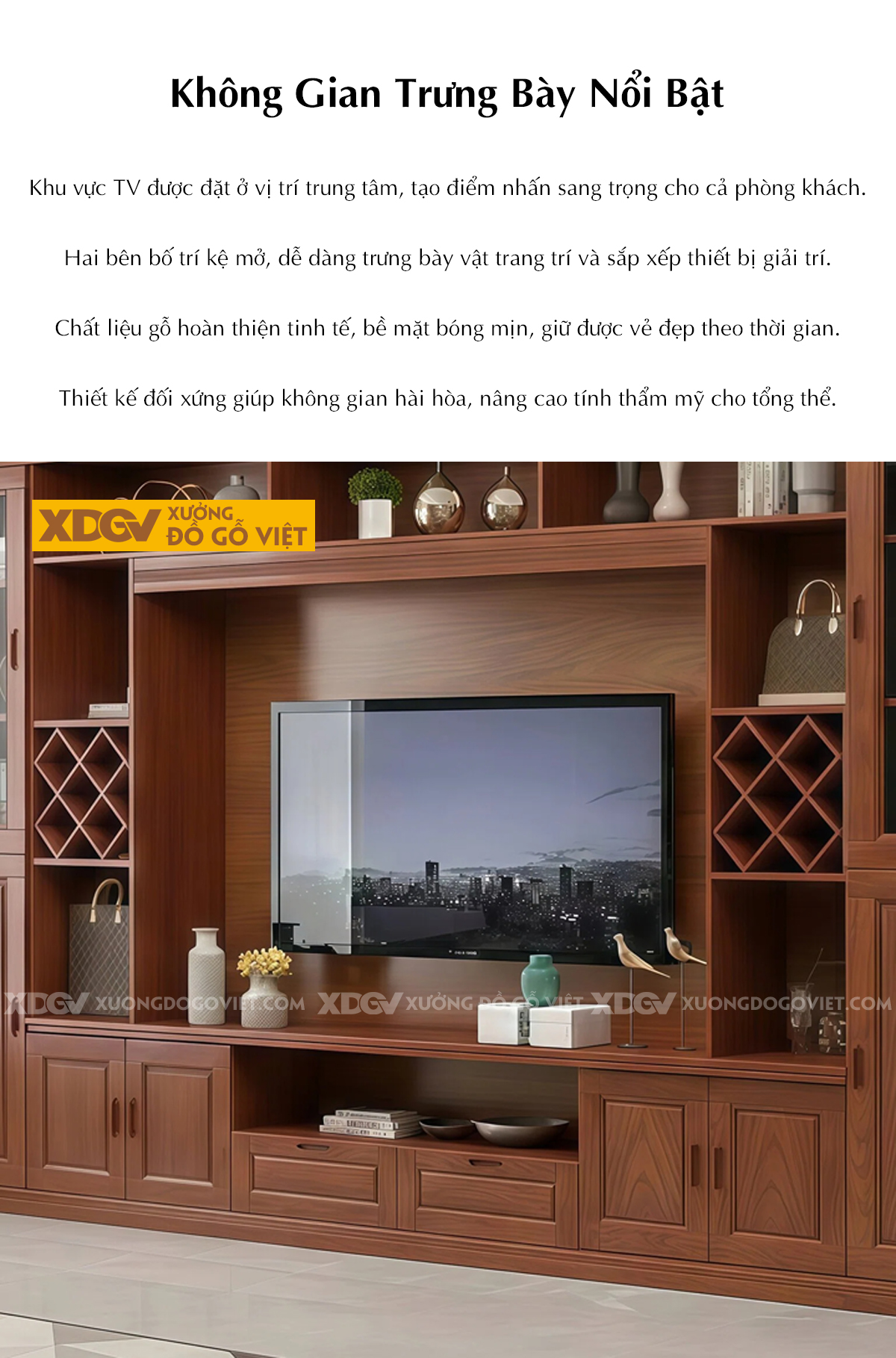 Kệ Tivi Kèm Tủ Trưng Bày Gỗ Gõ Đỏ Kết Hợp Kệ Rượu Và Tủ Kính