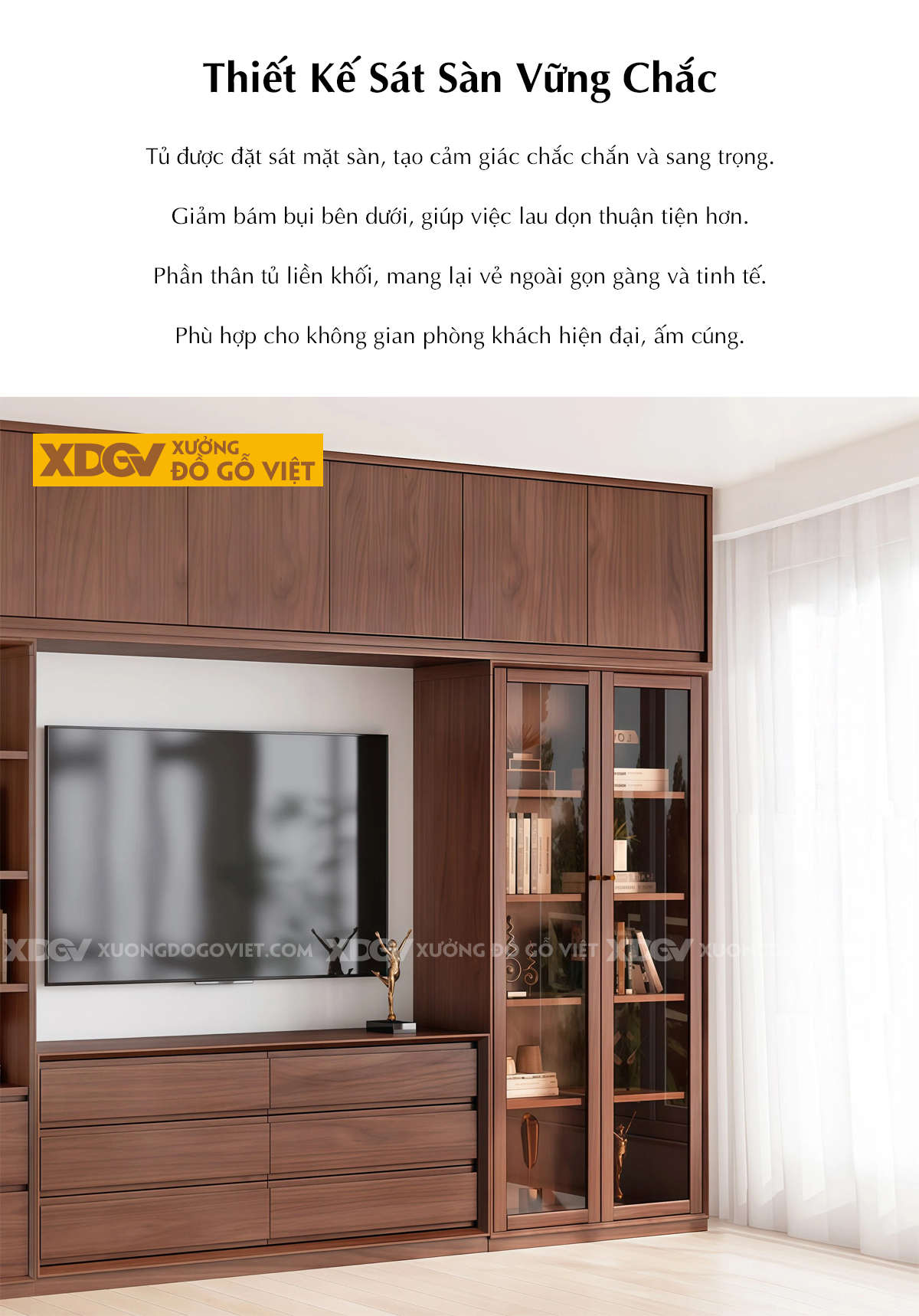 Kệ Tivi Kết Hợp Tủ Gỗ Veneer Óc Chó Lưu Trữ Đa Dạng Hai Bên