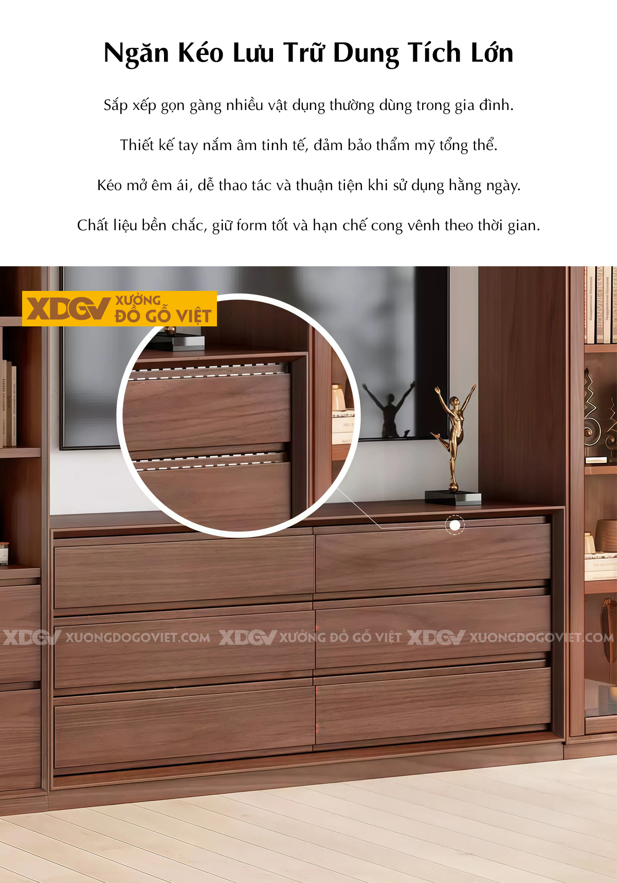 Kệ Tivi Kết Hợp Tủ Gỗ Veneer Óc Chó Lưu Trữ Đa Dạng Hai Bên