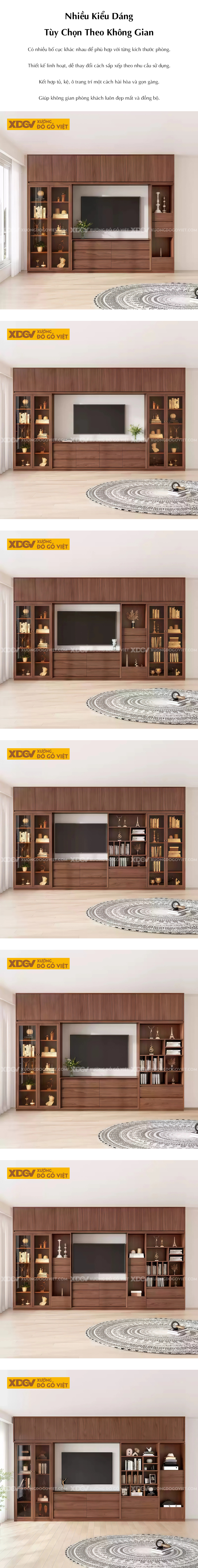 Kệ Tivi Kết Hợp Tủ Gỗ Veneer Óc Chó Lưu Trữ Đa Dạng Hai Bên