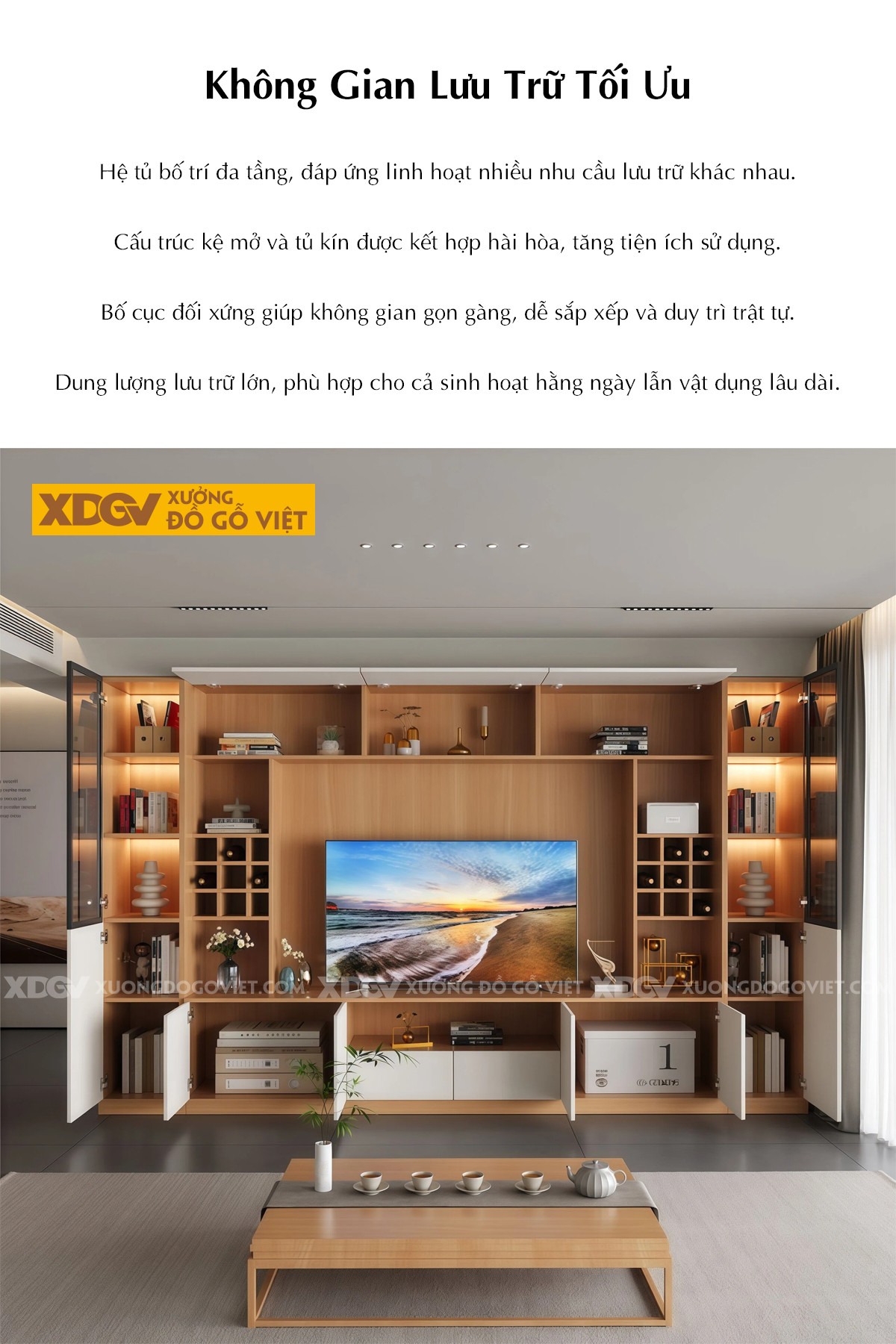 Kệ Tivi Kết Hợp Tủ MDF Chia Ô Lưu Trữ Cánh Kính Sang Trọng