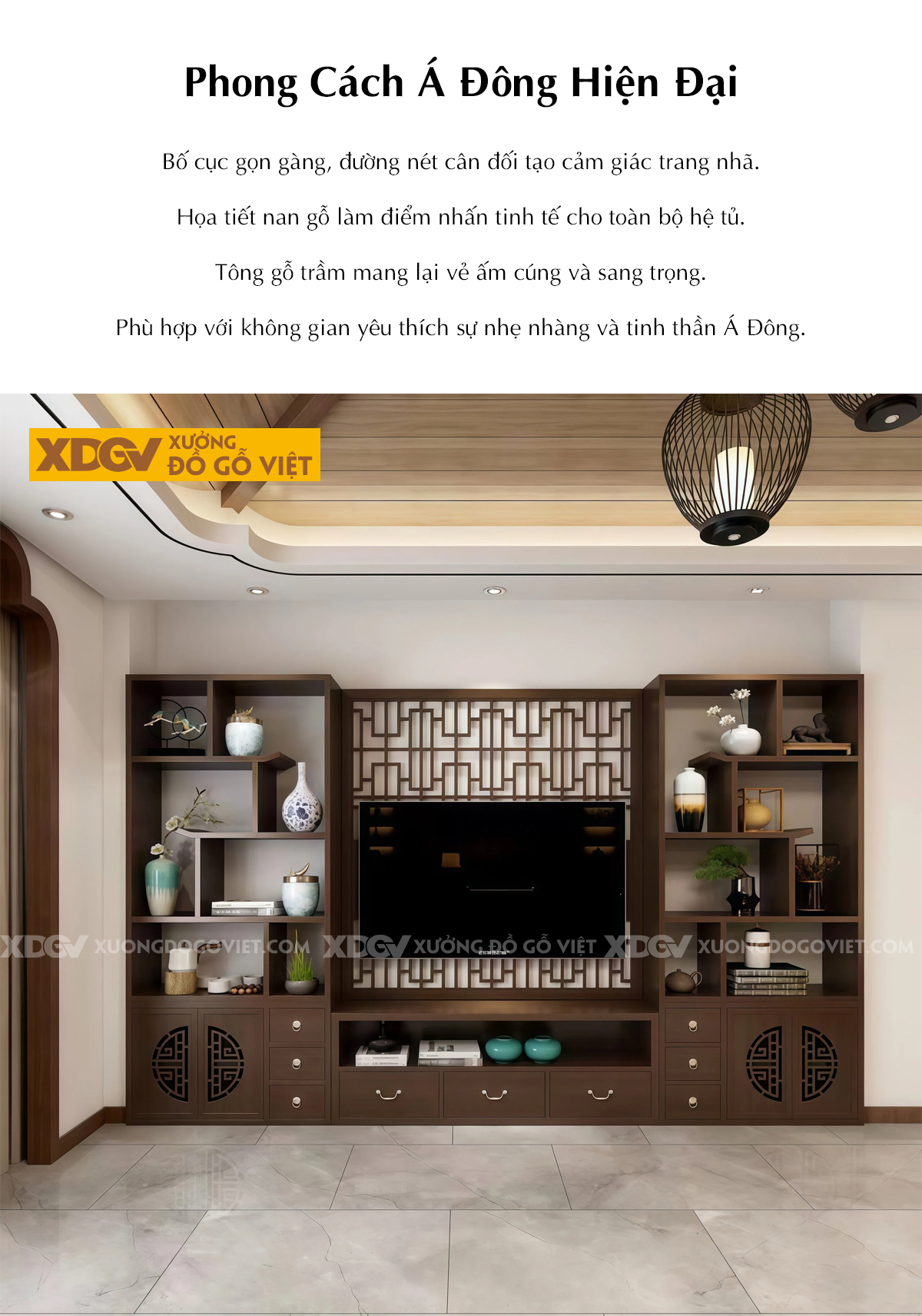 Kệ Tivi Kết Hợp Tủ Veneer Óc Chó Đối Xứng Đa Tầng Trang Trí