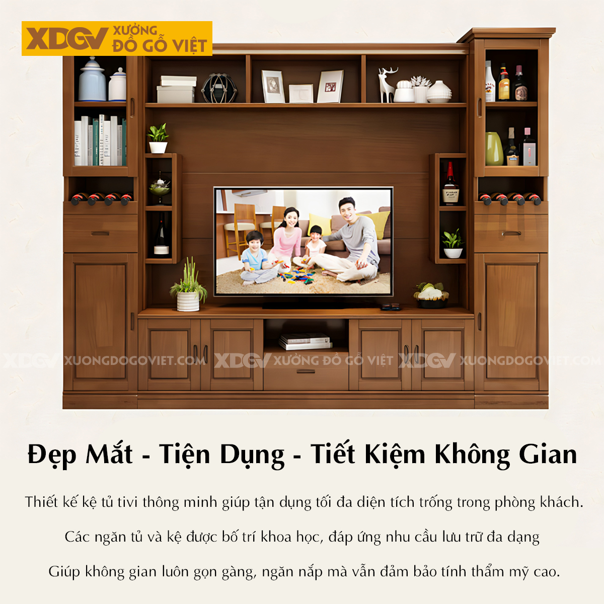 Kệ Tivi Liền Tủ Để Đồ Trang Trí Gỗ Sồi Kết Hợp Cánh Kính