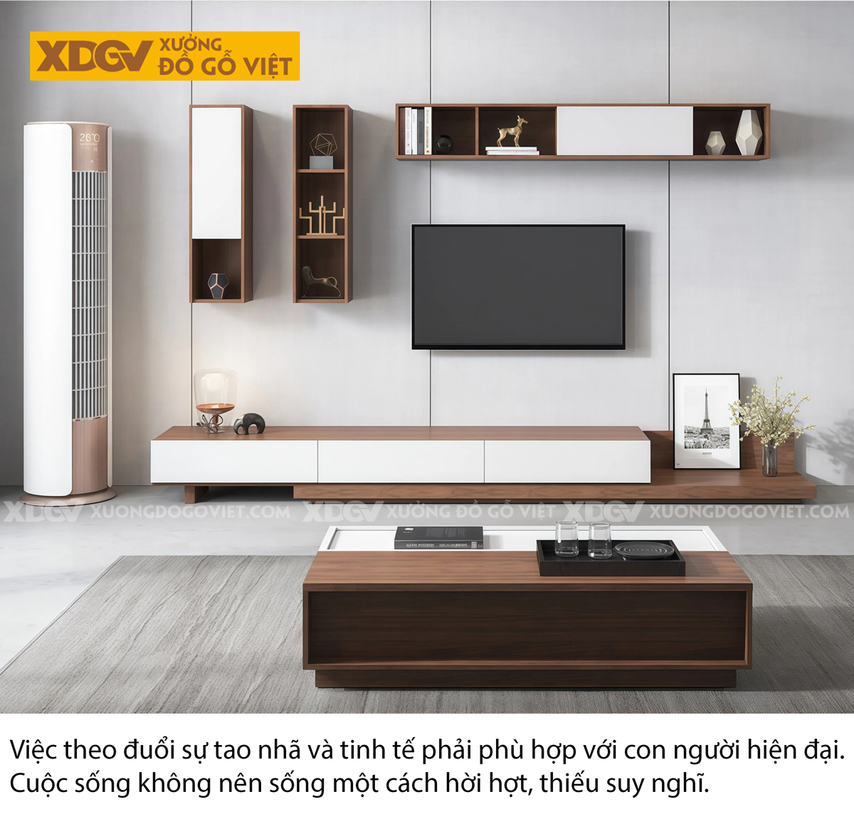 Kệ Tivi MDF Phòng Khách Phối Thềm Xếp Lớp Linh Hoạt Bố Trí