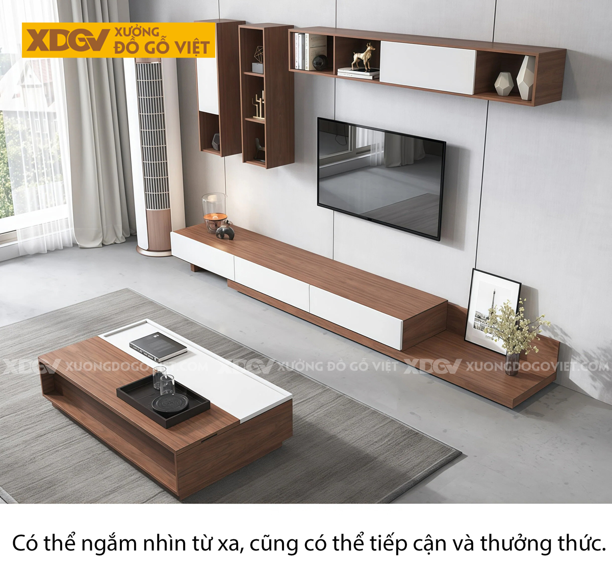 Kệ Tivi MDF Phòng Khách Phối Thềm Xếp Lớp Linh Hoạt Bố Trí