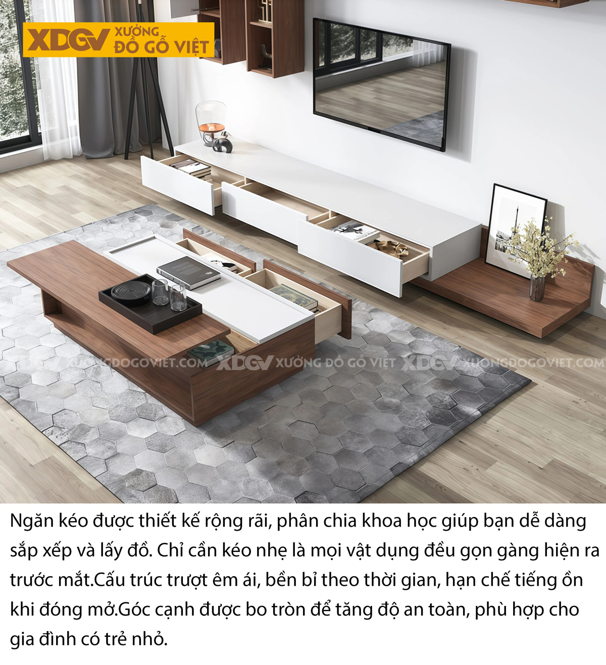 Kệ Tivi MDF Phòng Khách Phối Thềm Xếp Lớp Linh Hoạt Bố Trí