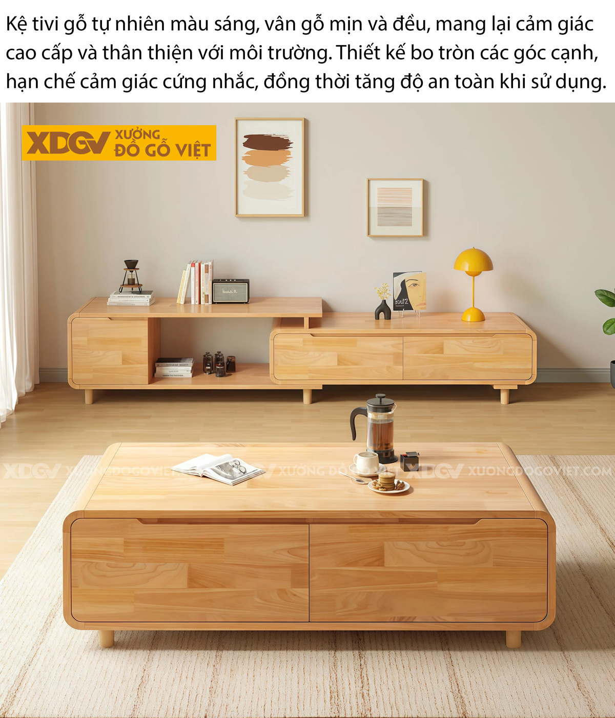 Kệ Tivi Phòng Khách Gỗ Cao Su Dáng Cổ Điển Phối Kính Sọc Mờ