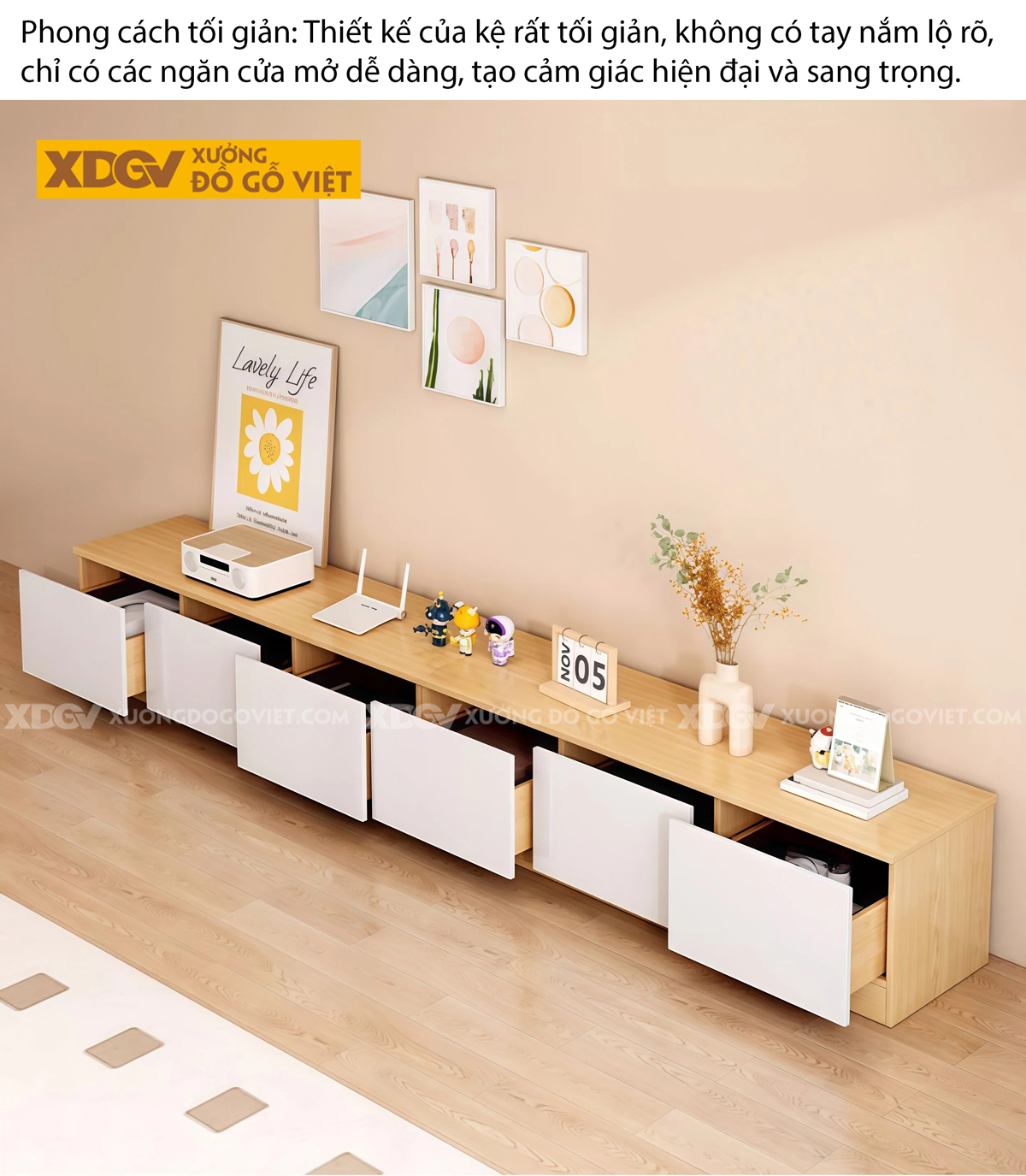 Kệ Tivi Phòng Khách Gỗ Công Nghiêp Chân Sát Sàn Dáng Vuông