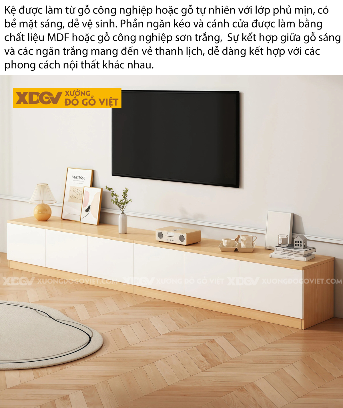 Kệ Tivi Phòng Khách Gỗ Công Nghiêp Chân Sát Sàn Dáng Vuông