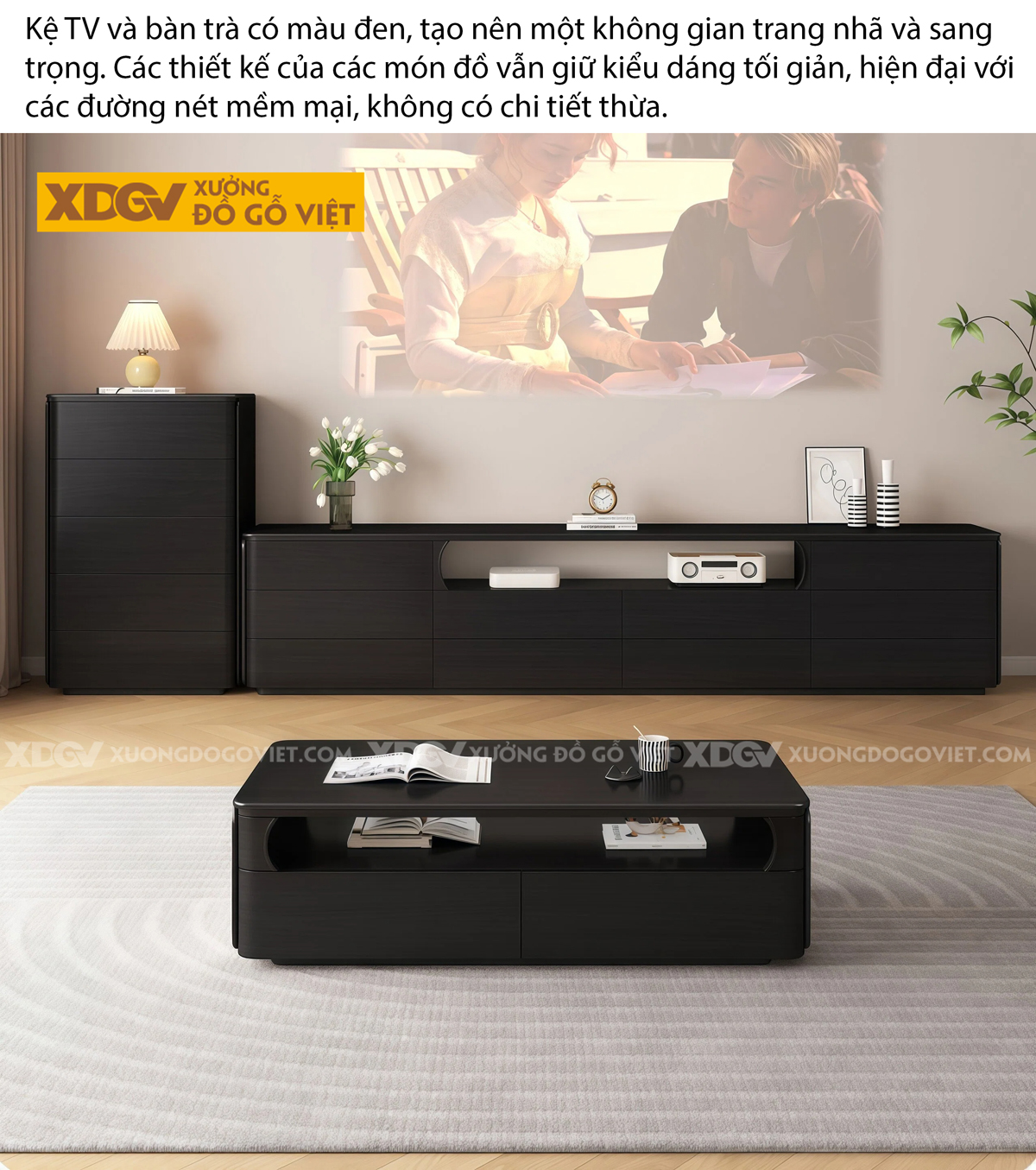 Kệ Tivi Phòng Khách Gỗ MDF Phối Hộc Hở Giữa Bo Cong Mềm Mại