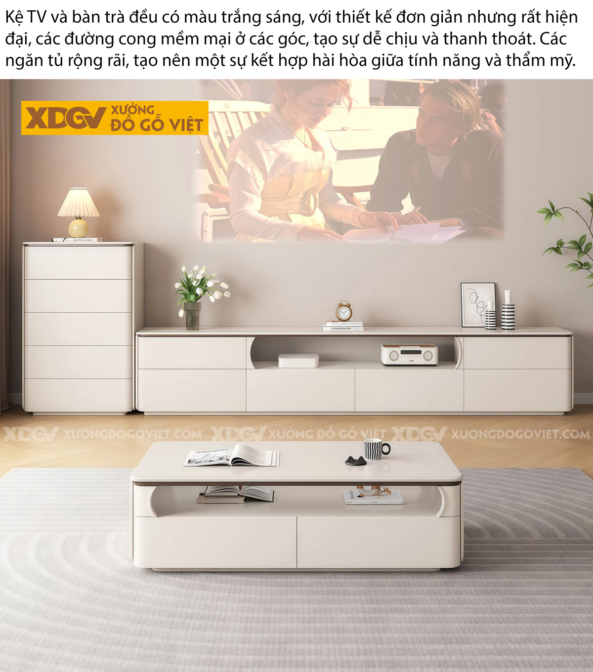 Kệ Tivi Phòng Khách Gỗ MDF Phối Hộc Hở Giữa Bo Cong Mềm Mại