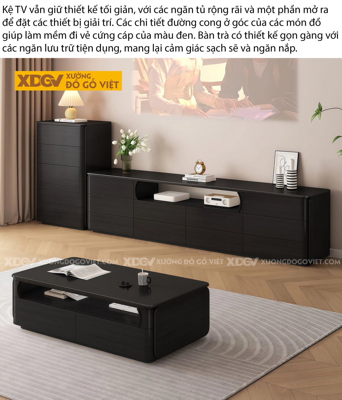 Kệ Tivi Phòng Khách Gỗ MDF Phối Hộc Hở Giữa Bo Cong Mềm Mại