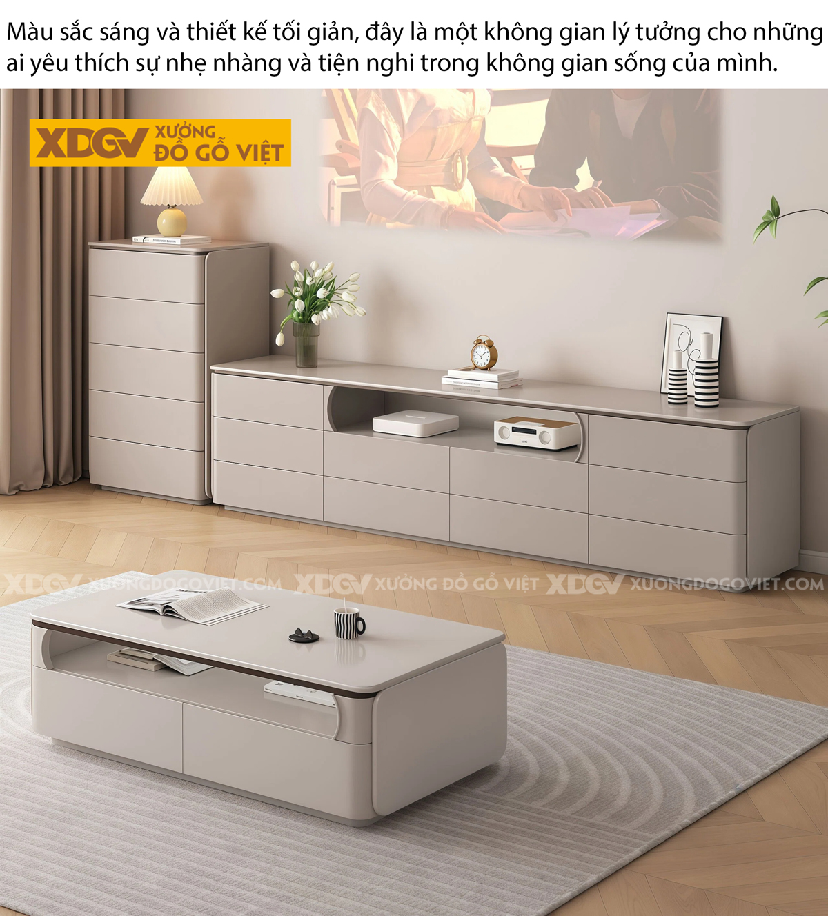 Kệ Tivi Phòng Khách Gỗ MDF Phối Hộc Hở Giữa Bo Cong Mềm Mại