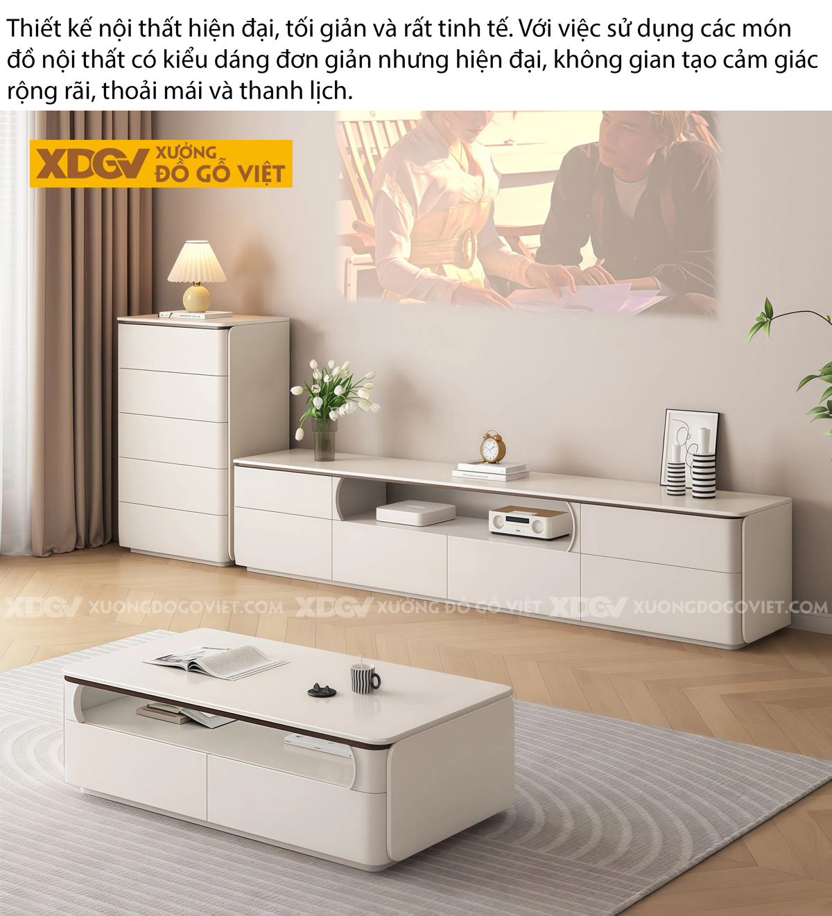 Kệ Tivi Phòng Khách Gỗ MDF Phối Hộc Hở Giữa Bo Cong Mềm Mại