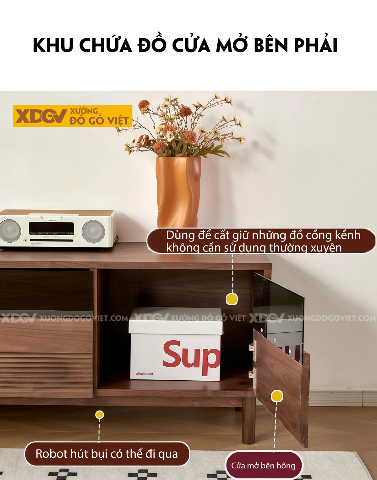 Kệ Tivi Phòng Khách Gỗ Óc Chó Chân Cao Kiểu Dáng Vuông Vức