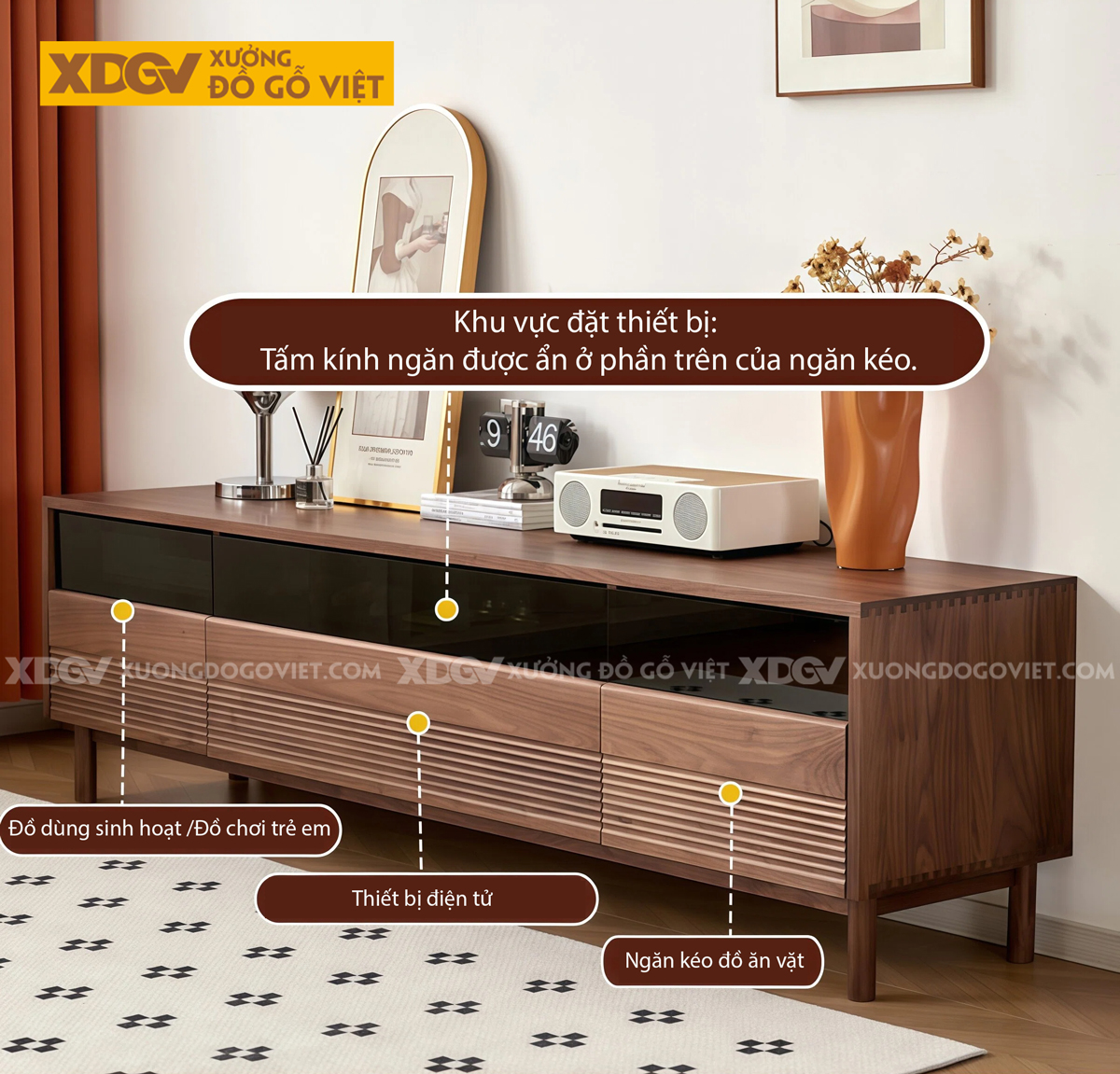 Kệ Tivi Phòng Khách Gỗ Óc Chó Chân Cao Kiểu Dáng Vuông Vức