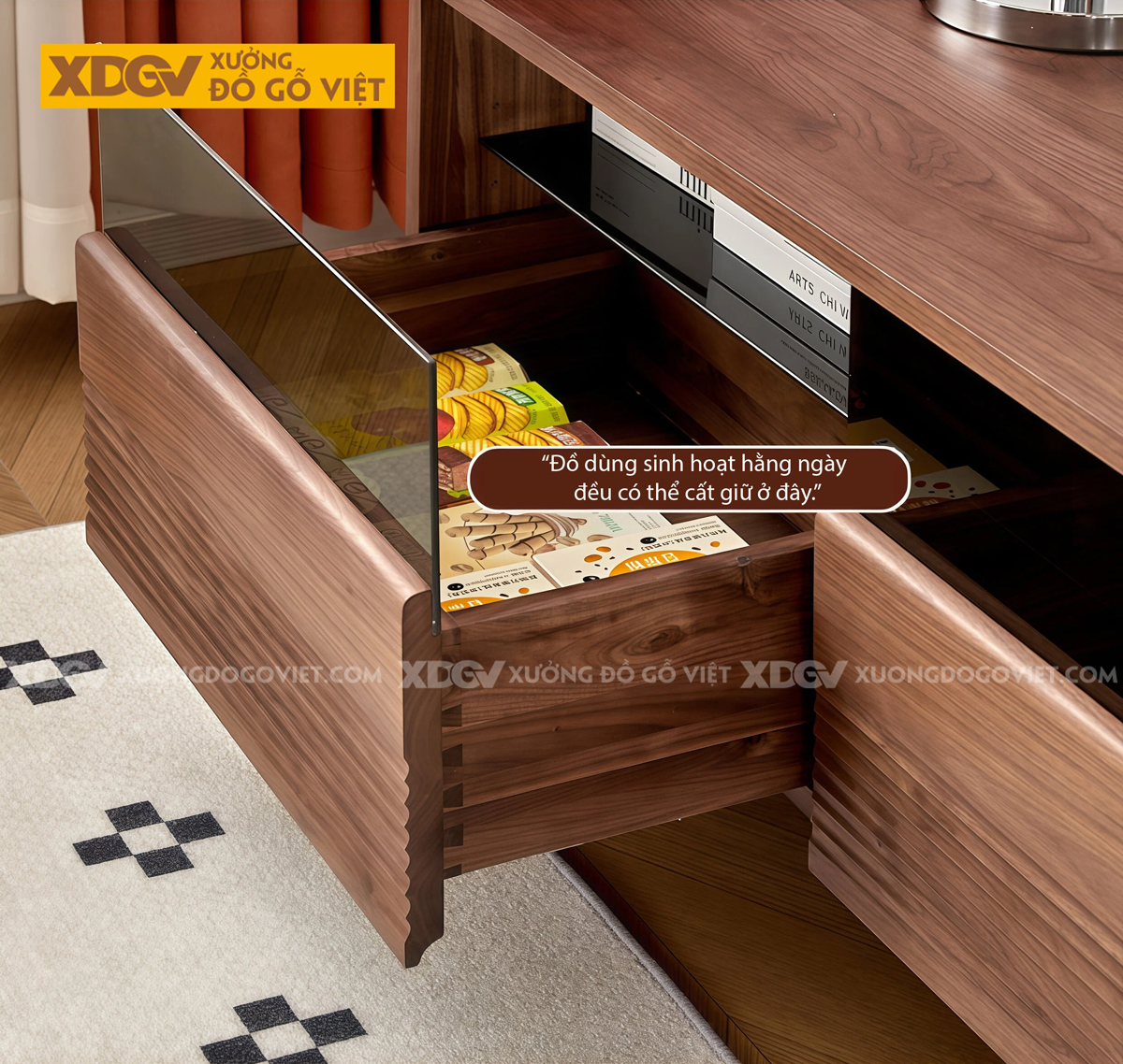 Kệ Tivi Phòng Khách Gỗ Óc Chó Chân Cao Kiểu Dáng Vuông Vức