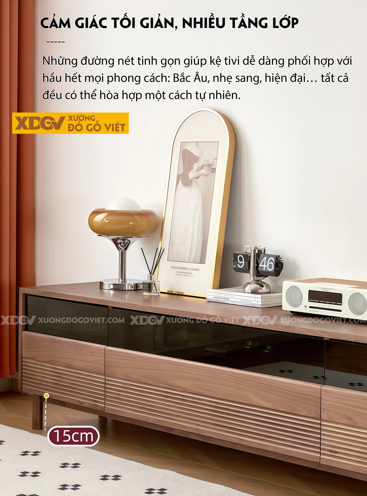 Kệ Tivi Phòng Khách Gỗ Óc Chó Chân Cao Kiểu Dáng Vuông Vức