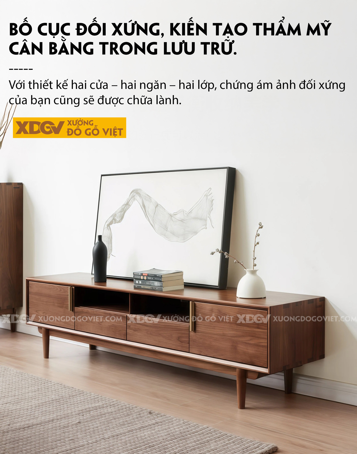 Kệ Tivi Phòng Khách Gỗ Óc Chó Chân Trụ Tròn Bố Cục Cân Đối