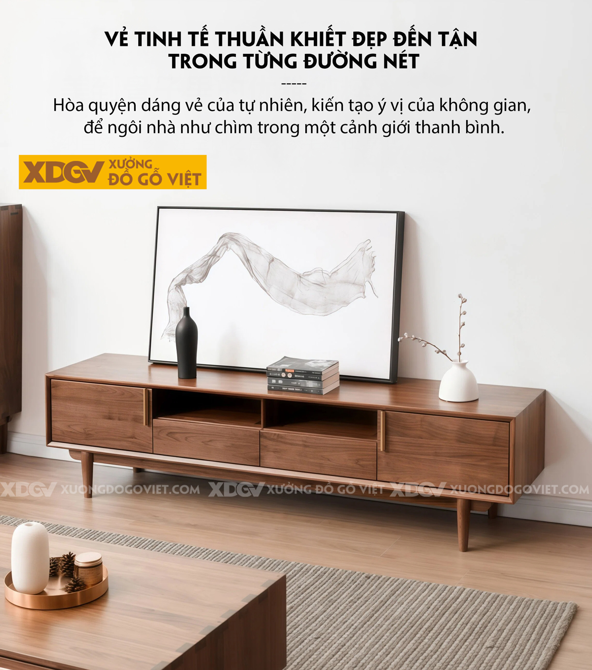 Kệ Tivi Phòng Khách Gỗ Óc Chó Chân Trụ Tròn Bố Cục Cân Đối