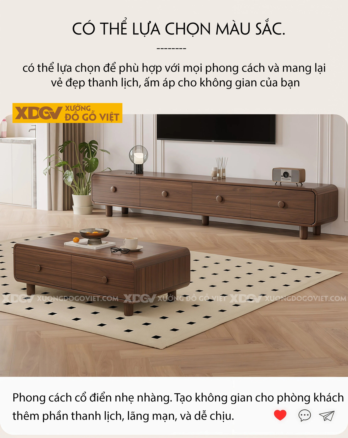 Kệ Tivi Phòng Khách Gỗ Óc Chó Dáng Thấp Bo Góc Mềm Mại