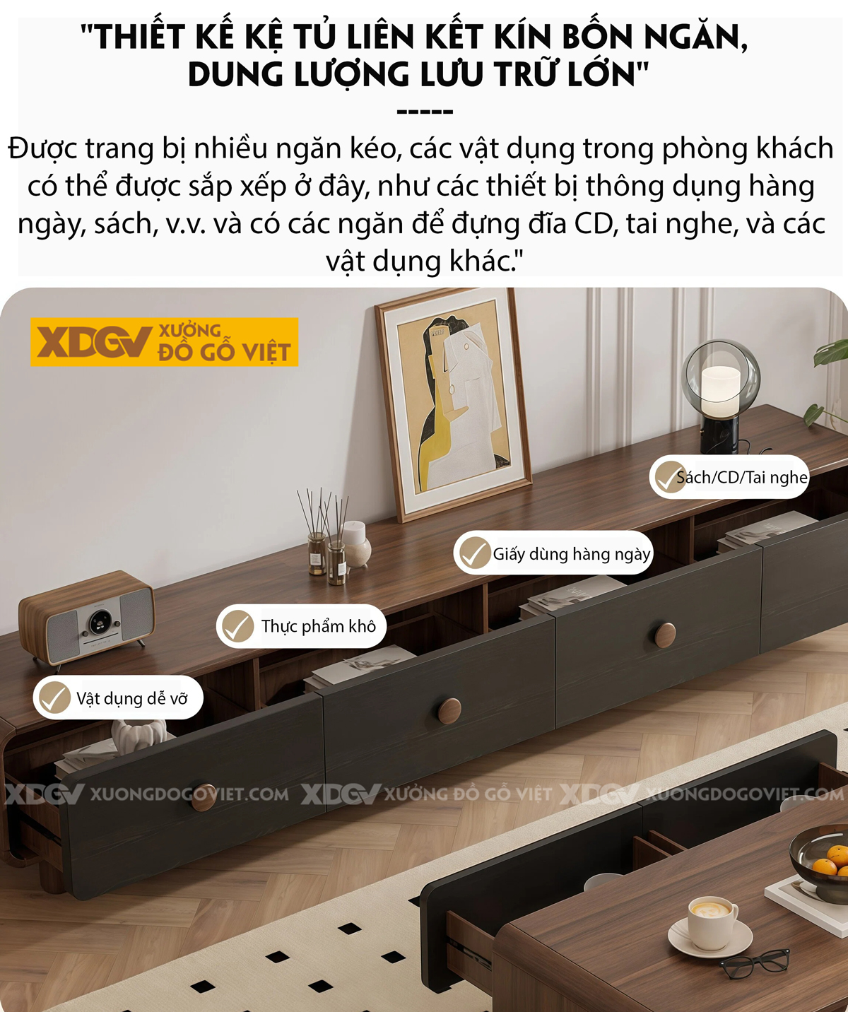 Kệ Tivi Phòng Khách Gỗ Óc Chó Dáng Thấp Bo Góc Mềm Mại