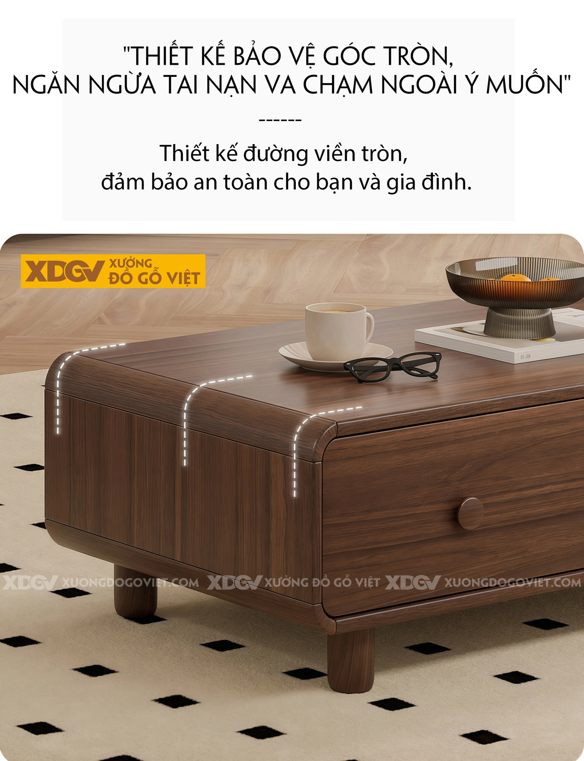 Kệ Tivi Phòng Khách Gỗ Óc Chó Dáng Thấp Bo Góc Mềm Mại