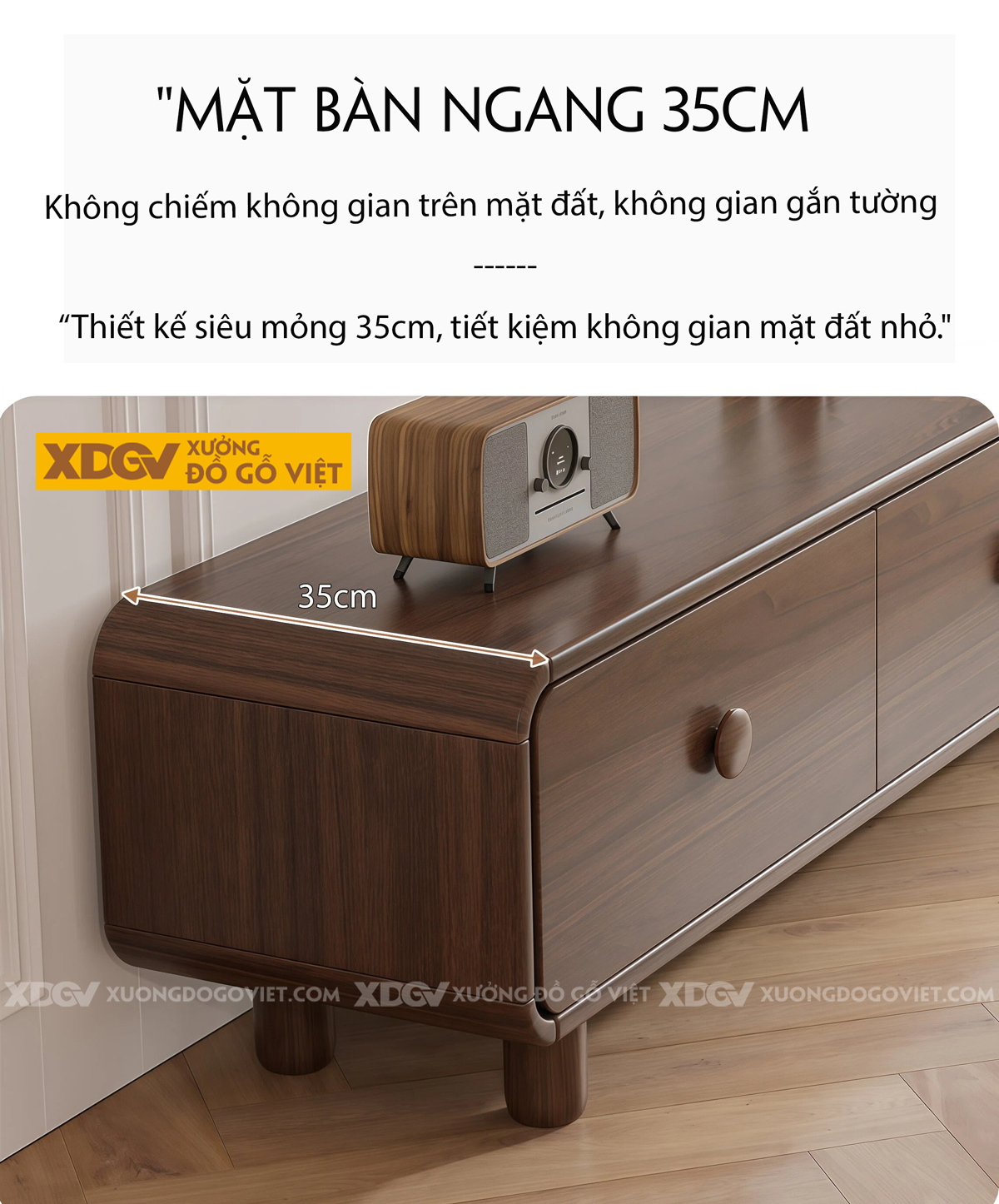 Kệ Tivi Phòng Khách Gỗ Óc Chó Dáng Thấp Bo Góc Mềm Mại