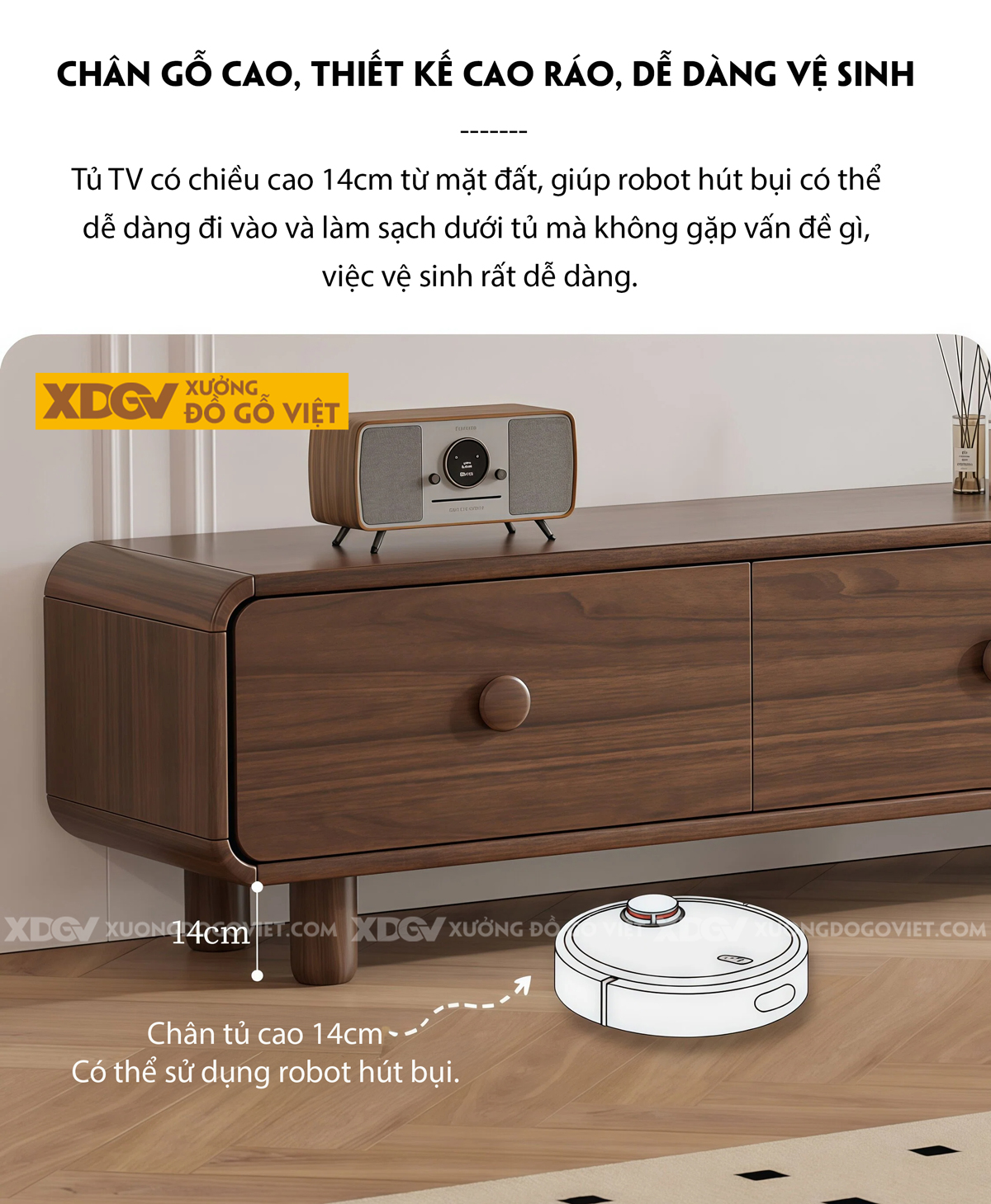 Kệ Tivi Phòng Khách Gỗ Óc Chó Dáng Thấp Bo Góc Mềm Mại