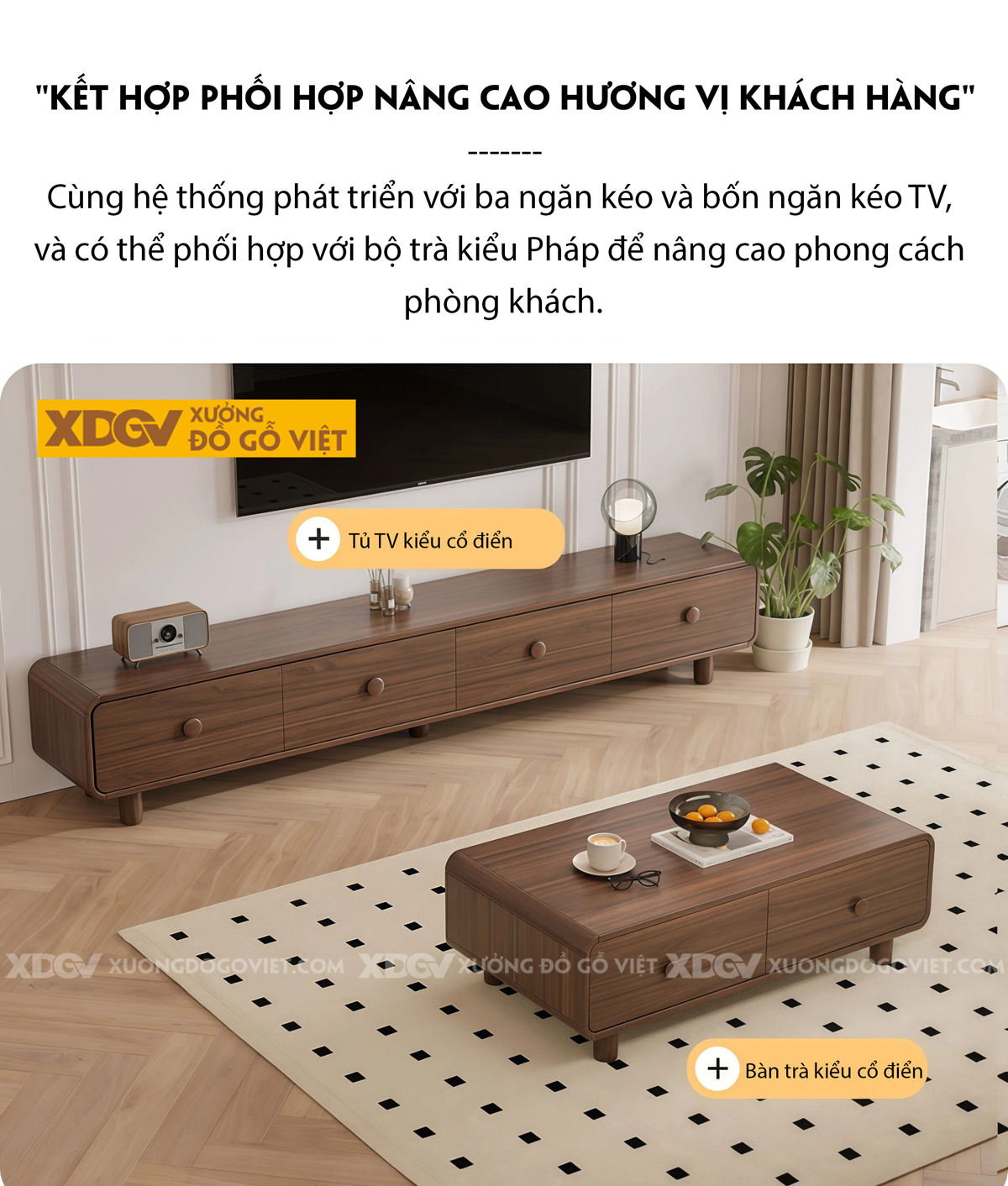 Kệ Tivi Phòng Khách Gỗ Óc Chó Dáng Thấp Bo Góc Mềm Mại