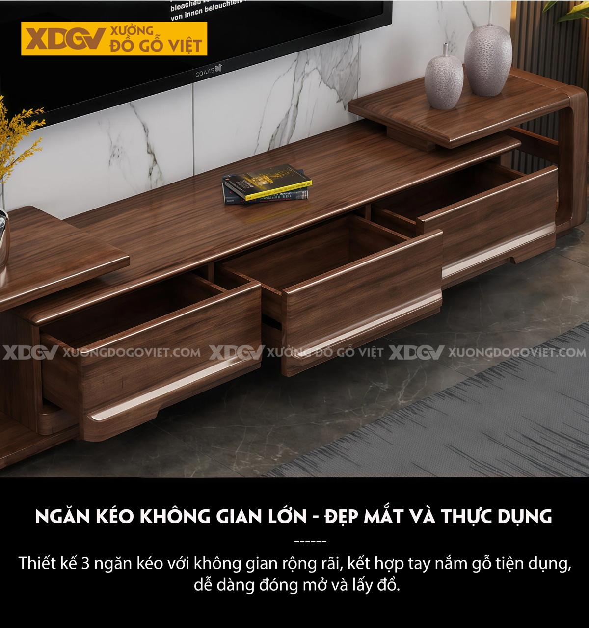 Kệ Tivi Phòng Khách Gỗ Óc Chó Kiểu Dáng Mạnh Mẽ Bề Thế