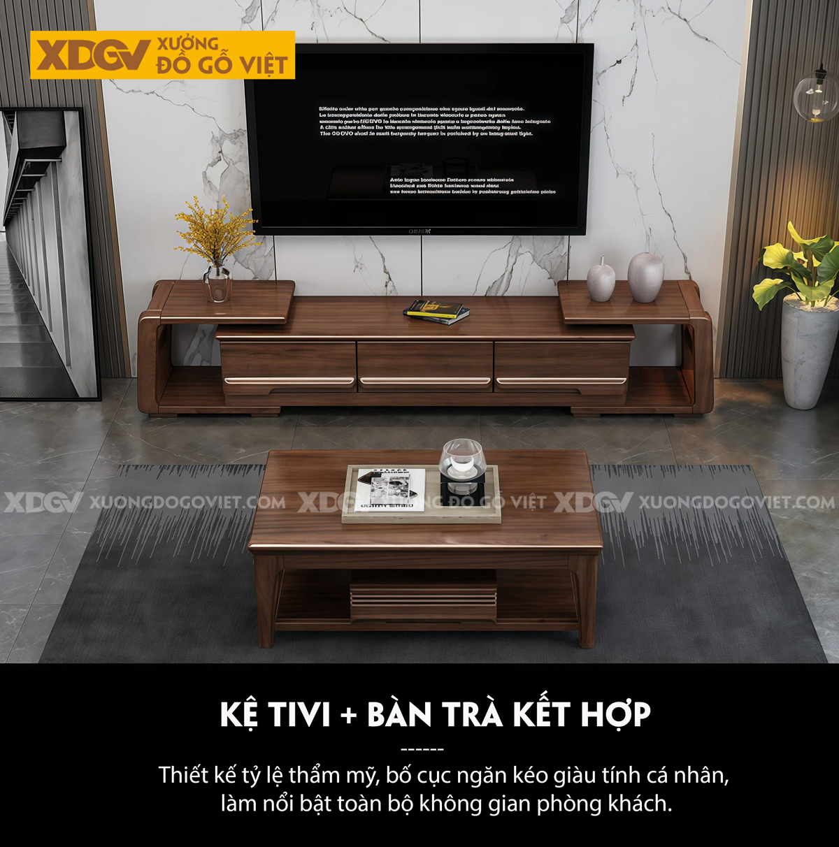 Kệ Tivi Phòng Khách Gỗ Óc Chó Kiểu Dáng Mạnh Mẽ Bề Thế